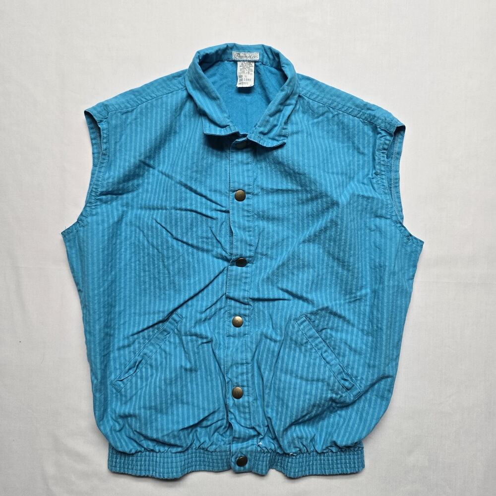 Vintage Chemin de Fer Vest Womens Medium Blue Striped Snap Front Pockets 80s